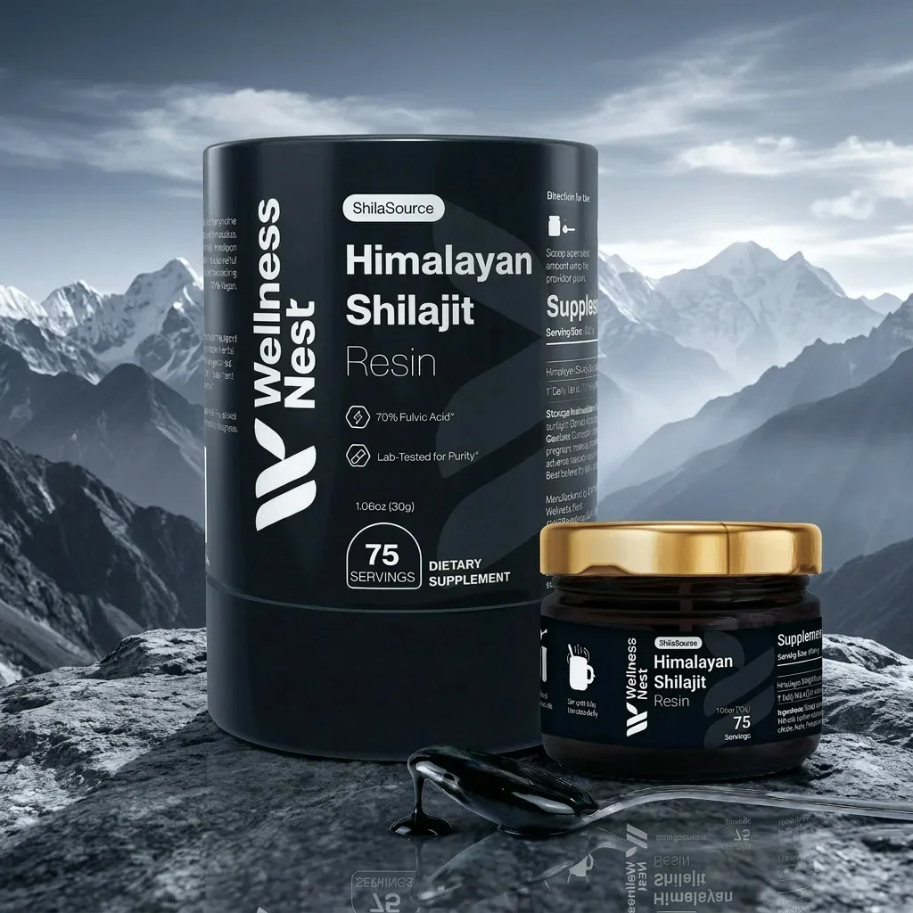 Wellness Nest Shilajit ShilaSource Himalayan Shilajit Resin Produkt vor Himalaya Bergkulisse